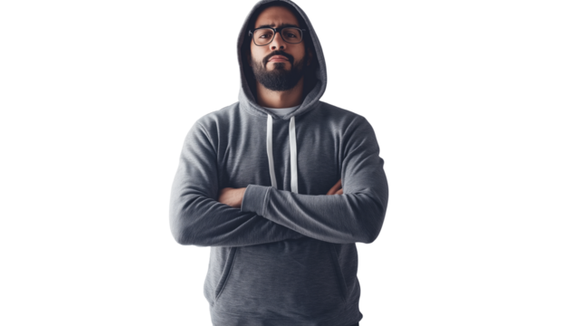 Software engineer in a casual hoodie, engaging and focused, startup ambiance, clean white background, isolated PNG