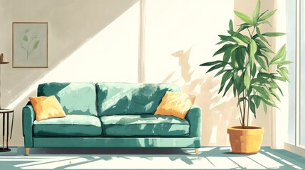 Cozy Living Room Featuring a Vibrant Green Sofa With Yellow Pillows and a Large Indoor Plant by a Sunlit Window During the Day