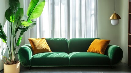 Cozy Living Room Featuring a Vibrant Green Sofa With Yellow Pillows and a Large Indoor Plant by a Sunlit Window During the Day