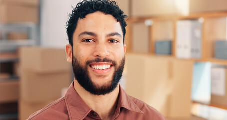 Portrait, logistics and happy man in small business for ecommerce, dropshipping and distribution....