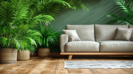 Cozy Living Room With Wooden Floor and Houseplants Creating a Serene Atmosphere in a Sunlit Space Surrounded by Nature