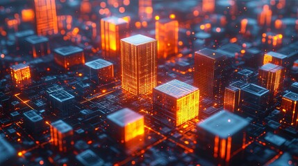 Obraz premium Financial growth visualized with dynamic data streams, glowing office buildings, and abstract business icons