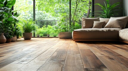 Cozy Living Room With Wooden Floor and Houseplants Creating a Serene Atmosphere in a Sunlit Space Surrounded by Nature
