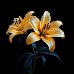 Fototapeta premium Two yellow lilies in full bloom against a black background