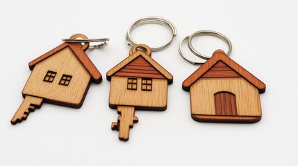 Decorative Wooden Keychains Shaped Like Houses, Ideal for Gifting or Personal Use, Showcasing Craftsmanship and Creativity