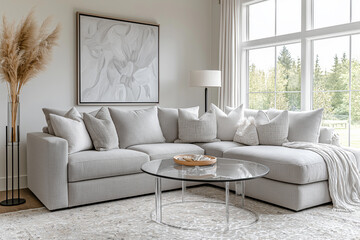 Fototapeta premium Serene Living Room with Neutral Tones and Modern Sectional Sofa