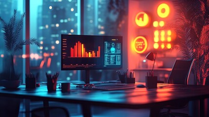 Financial growth concept with glowing business icons, dynamic data streams, and office silhouettes 