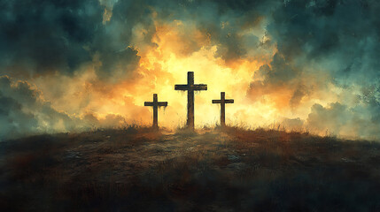 Jesus on the central cross with two disciples beside him, desolate terrain covered in sparse, dry grass, storm clouds rolling across the sky, golden rays piercing through to highlight the crosses,