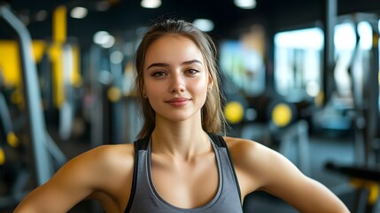 Fototapeta premium Young Woman Exercising in Fitness Gym with Copy Space