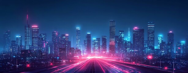 Fototapeta premium Vibrant city skyline at night with neon lights.