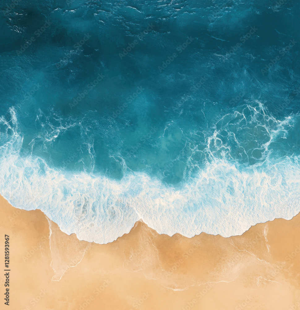 Poster Aerial view of an ocean and sandy beach, shot from above using a drone for an aerial photography-style poster. The scene includes a blue sea, waves crashing on golden sand, creating dynamic patterns.