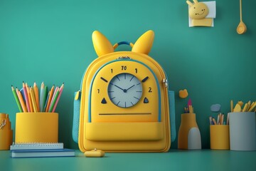 Cute Yellow Backpack With Clock Design and School Supplies Arranged on Vibrant Green Desk at Home During Daytime