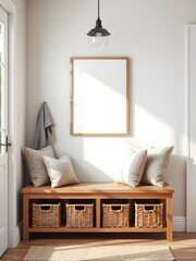 scandinavian entryway with empty frame mockup, bench seating, and storage baskets