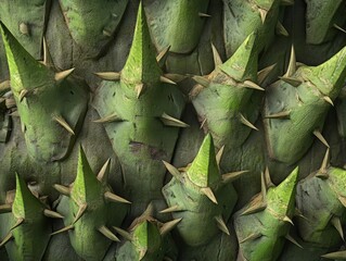Intricate green spikes adorn the surface of a unique plant in a natural setting
