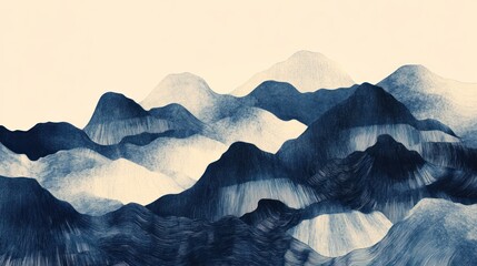 Abstract blue ink wash painting of mountains.