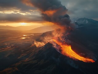 Fototapeta premium Volcanic eruption paints the sky with fire as molten lava flows down the slopes under a dramatic cloudy backdrop