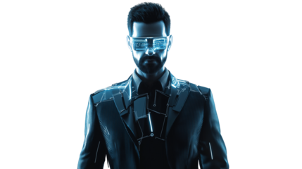 AI researcher, dressed in a sleek smart-casual outfit, modern tech-focused expression, futuristic setting, white background, isolated PNG