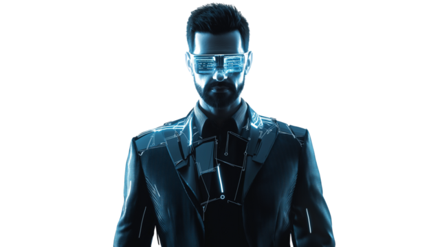 AI researcher, dressed in a sleek smart-casual outfit, modern tech-focused expression, futuristic setting, white background, isolated PNG