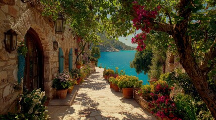 Fototapeta premium Idyllic Mediterranean Coastal Village Street Scene with Stone Buildings, Lush Flowers, and Ocean