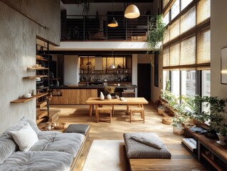 Interior photo of a modern open concept living space