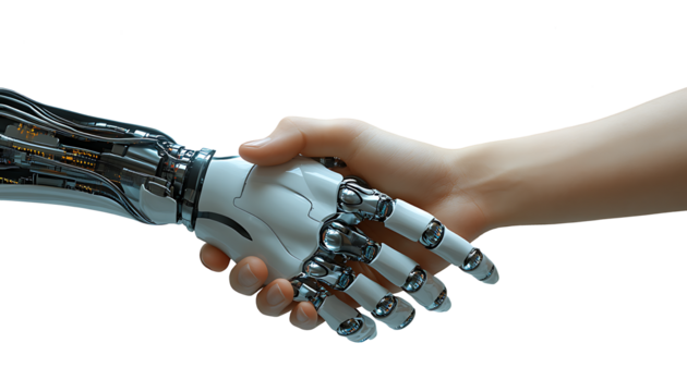Futuristic handshake between a robotic arm and a human hand symbolizing AI collaboration and technology