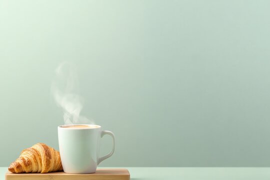 Warm cup of coffee with steam rising, accompanied by fresh crois
