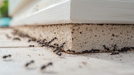 Close-up view of ants crawling near a house foundation, showcasing their movement and environment