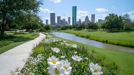 Houston skyline viewed from park, flowers foreground