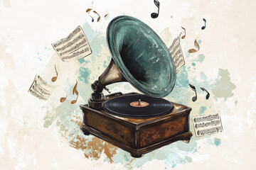 Illustration of a vintage gramophone with a spinning record, surrounded by delicate sheet music and musical notes floating in the air. The nostalgic design evokes a sense of old time elegance and