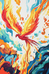 Naklejka premium Illustration of a phoenix rising from the ashes, with flames trailing from its wings. The sky is filled with vibrant colors, and the mythical bird radiates a sense of rebirth and strength in the scene