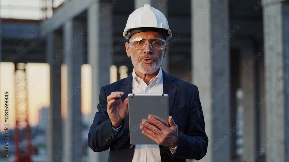 Poster experienced engineer wearing safety helmet and glasses holds tablet, gesturing and explaining projec