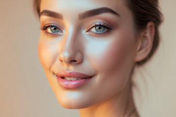 Fototapeta premium Elegant Portrait of a Woman with Fair Skin, Green Eyes, and Natural Makeup, Highlighting Her Radiant Glow and Soft, Fresh Look