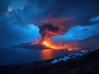 Fototapeta premium Spectacular volcanic eruption illuminates the night sky with molten lava and ash clouds over a coastal landscape