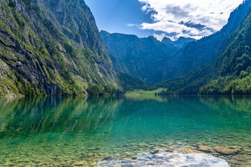 Beautiful panorama view of Obersee Lake near Koenigssee with Bavarian alps in background on Berchtesgadener Land in summer, Schoenau, Berchtesgaden, Bavaria, Germany