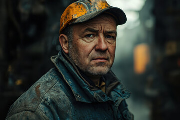Obraz premium Weathered laborer reflects on a hard day's work in a dimly lit industrial setting filled with echoes of machinery and memories