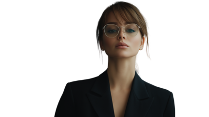 young successful businesswoman, sleek minimalist suit, smart glasses, stylish, modern and professional, high-resolution, isolated PNG