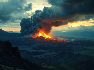 Fototapeta premium Spectacular volcanic eruption unleashes rivers of lava and plumes of ash against a dramatic sky at twilight