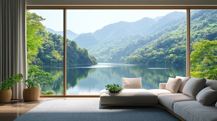 Fototapeta premium Serene Lakeside Living Room with Panoramic Mountain View