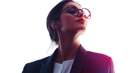 young successful businesswoman, sleek minimalist suit, smart glasses, stylish, modern and professional, high-resolution, isolated PNG