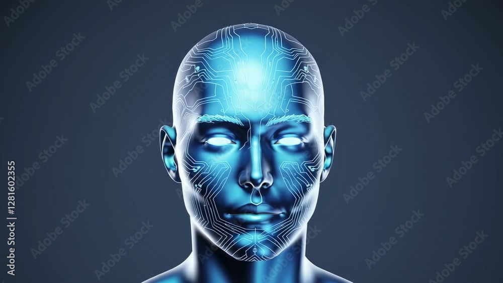 Aufkleber Artificial intelligence concept video showing an android robot head with glowing circuits under its metallic skin, slowly changing facial expressions on a dark blue background