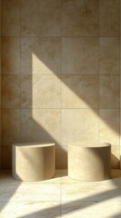 Beige Cylindrical Display Stands on Tiled Floor