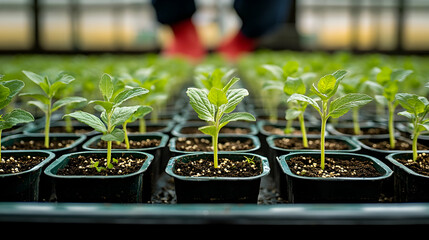 Greenhouse seedlings, growing plants, cultivation, agriculture, spring,  gardening, soil,  pots, for websites or blogs