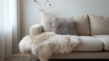 Modern Beige Sofa with Fur Throw Decor