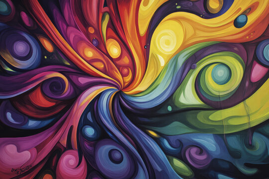 Illustration of swirling, abstract shapes in a burst of rainbow colors that radiate outward, creating an energetic and vibrant composition. The design conveys a sense of movement and excitement.