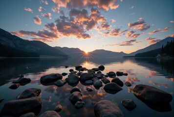 Obraz premium Mountain Lake Sunset with Rocks