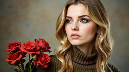 Naklejka premium Portrait of Woman with Blonde Hair and Red Roses