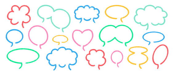 Crayon Speech Bubbles Vector Set. Chalk Scribble Talking Clouds Shapes Collection. Pastel Colors Hand Drawn Brush Texture Dialogue Frames. Pencil Emphasis Elements Charcoal Doodle Talk Balloons Bundle
