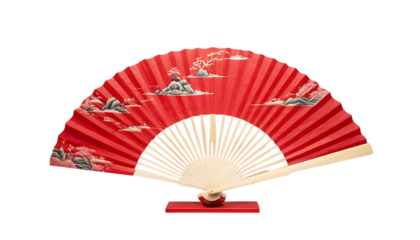 Red oriental paper fan shown in an open display png