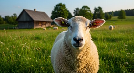Fototapeta premium Curious Sheep Grazing in a Lush Green Pasture During Sunset