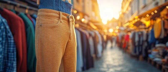 Obraz premium Vintage pants display, outdoor market, sunset glow